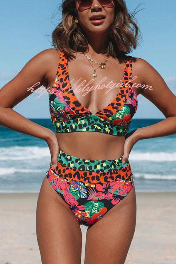 Aloha Honey Leopard Printed Colorblock Bikini