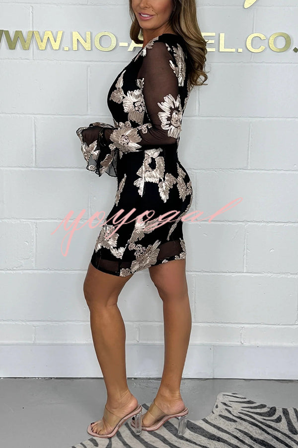 Embroidered Floral Crewneck Long Sleeve Fitted Mini Dress