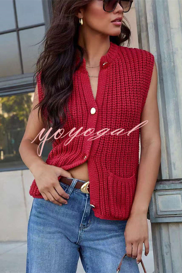 Solid Color Sleeveless Button Pocket Knit Vest