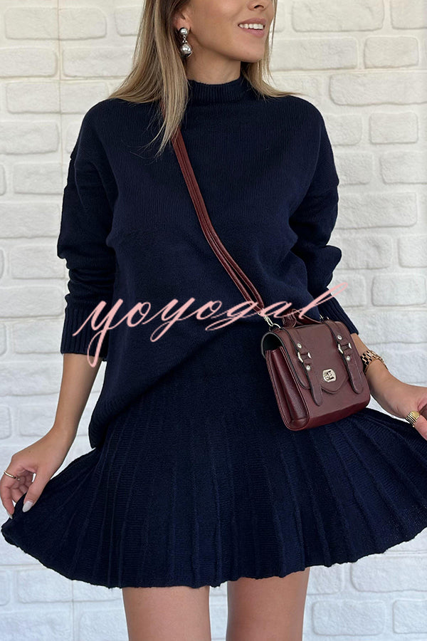 Solid Color Casual Preppy Knit Top and Knit Stretch Pleated Mini Skirt Set