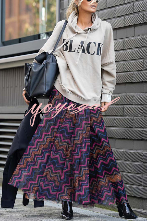 Unique Printed Large Hem Loose Mesh Maxi Skirt