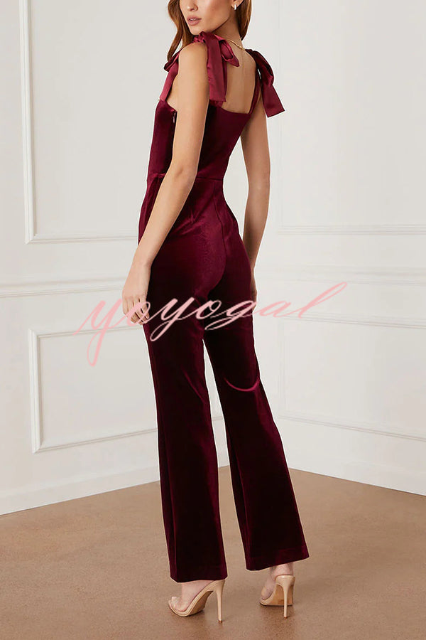 Merlot Sippin' Velvet Shoulder Tie Flare Stretch Jumpsuit