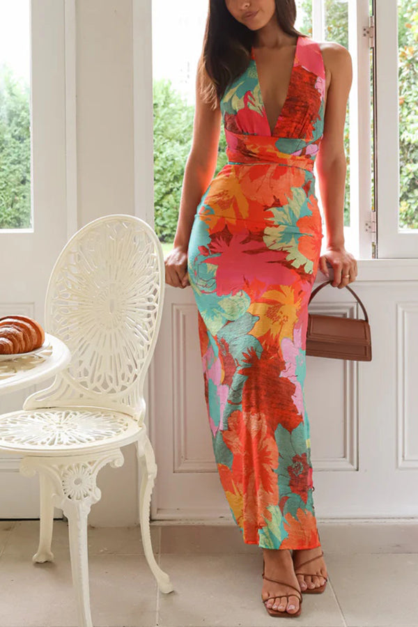 Unique Printed V-neck High Waisted Slit Maxi Dress