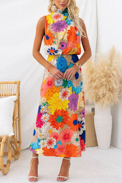 Land of Beauty Floral Print Halter Neck Elastic Waist Party Maxi Dress