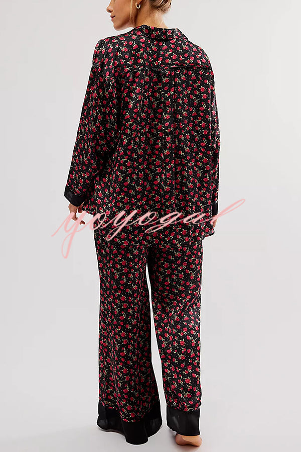 Unique Printed Lounge Long-sleeved Shirt and Elastic Waisted Baggy Pants Set