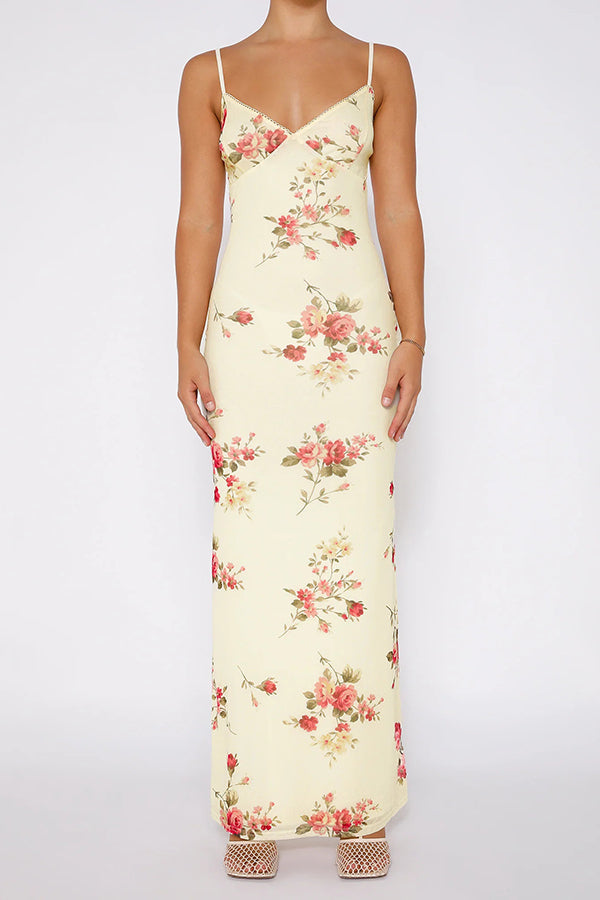 Reveling in The Unknown Floral Print Slip Stretch Maxi Dress