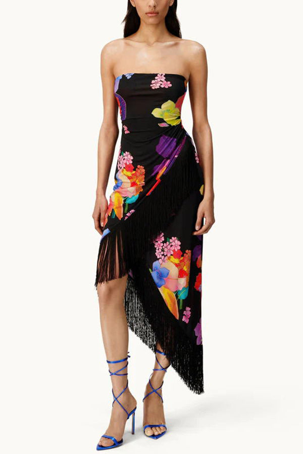 Island Girl Era Floral Print Tassel Trim Bandeau Stretch Midi Dress