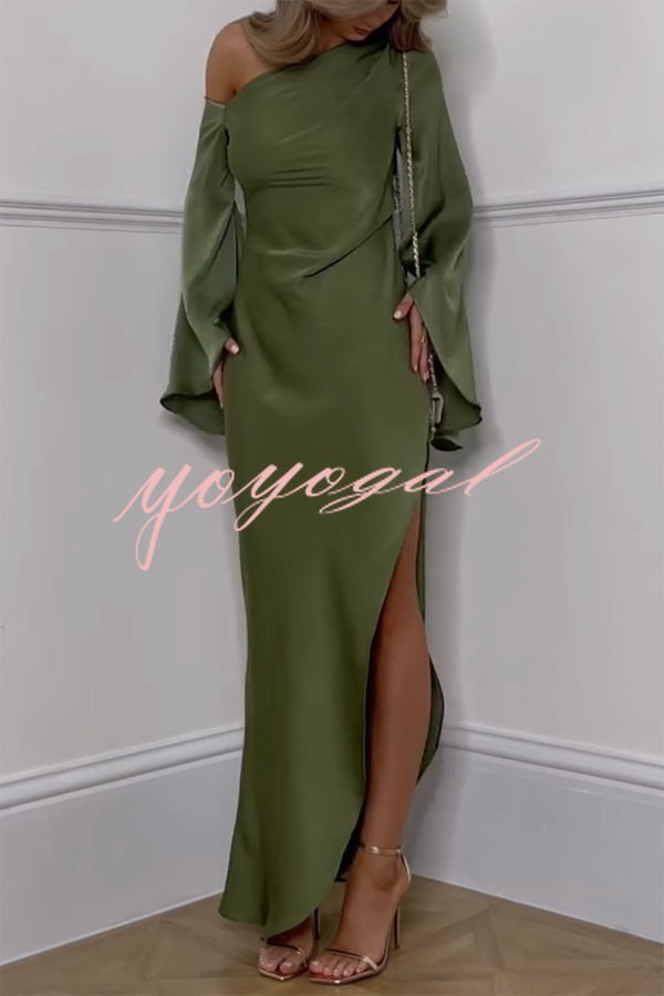 Zayla Satin Asymmetrical One Shoulder Bell Sleeve Slit Maxi Dress