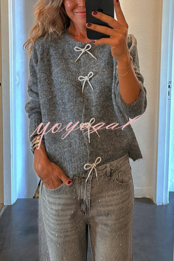 Paris Mornings Knit Front Bow Design Long Sleeve Relaxed Cardigan