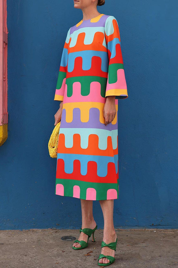 Bright Day Colorful Ripple Print Side Slit Midi Dress