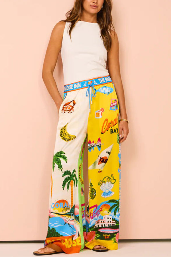 Kissed By The Sun Satin Unique Print Colorblock Elastic Waist Pocketed Wide Leg Pants