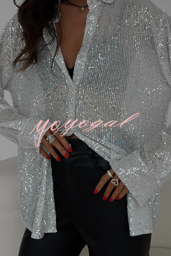 Fashion Sequin Lapel Long Sleeve Loose Shirt