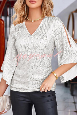 Solid Color Sequined V-neck Hollow Sleeve Slim Fit Top