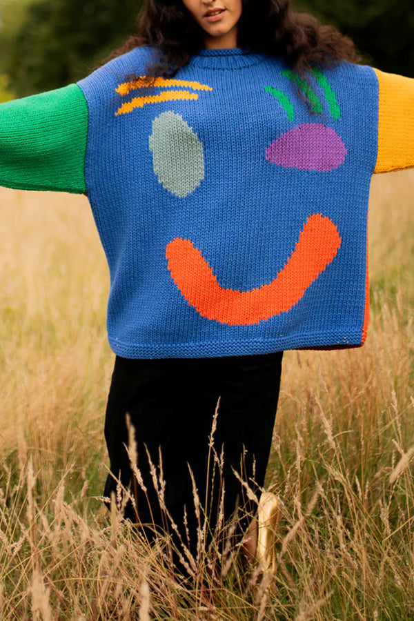 Feel Good Knit Colorful Smiley Face Loose Pullover Sweater