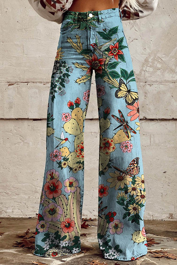 Casual Floral Print Button Pocket Wide Leg Pants