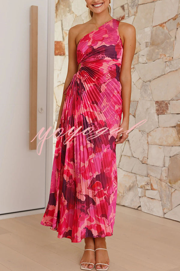 Charming One Shoulder Lace Up Cutout Pleated Maxi Dress