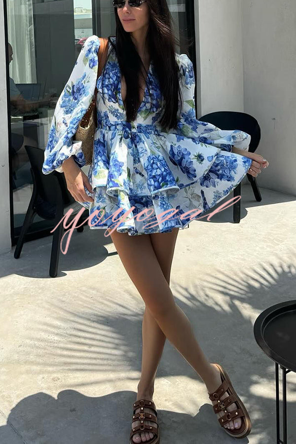 Feminine and Sexy Floral Print Deep V-neck Balloon Sleeve Tiered Mini Dress