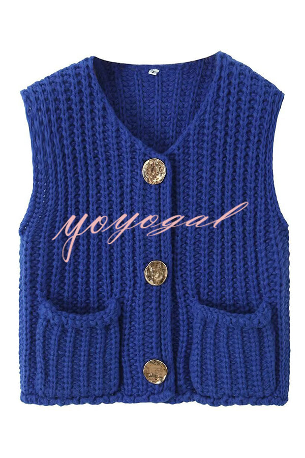 Solid Color Sleeveless Pocket Knitted Vest