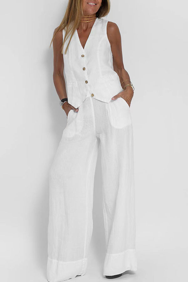 Eddie Linen Blend Button Vest and Elastic Waist Pocketed Wide Leg Pants Set