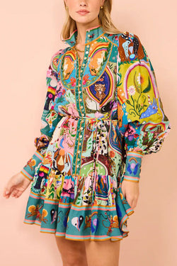 Touch of Luxury Unique Print Balloon Sleeve Button Shirt Mini Dress