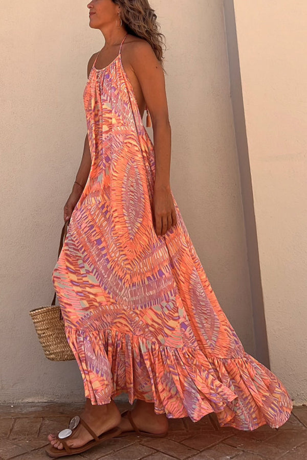 Sunita Ethnic Print A-line Halter Tassel Vacation Maxi Dress