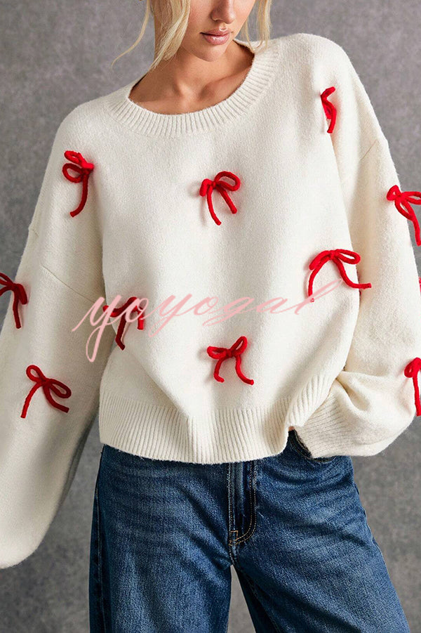 Christmas Bow Round Neck Loose Long Sleeve Knitted Sweater