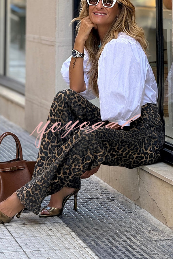 Wild Feel Denim Leopard Print High Rise Wide Leg Pocketed Jeans