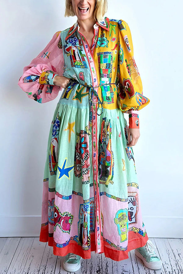 Set for Vacay Unique Print Colorblock Balloon Sleeve Belt Shirt Midi Dress