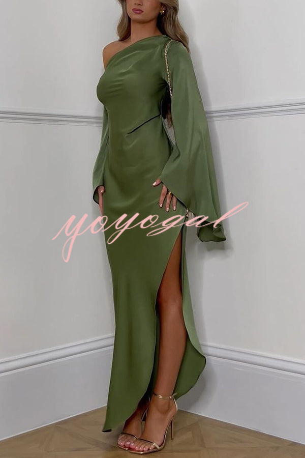 Zayla Satin Asymmetrical One Shoulder Bell Sleeve Slit Maxi Dress