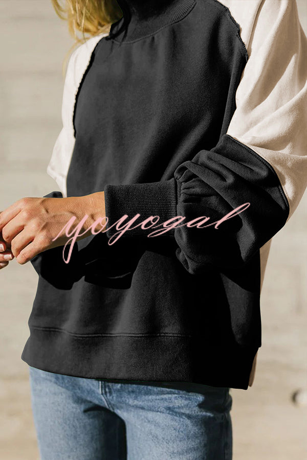 Fashionable Contrast Color Stitching Long Sleeve Loose Sweatshirt