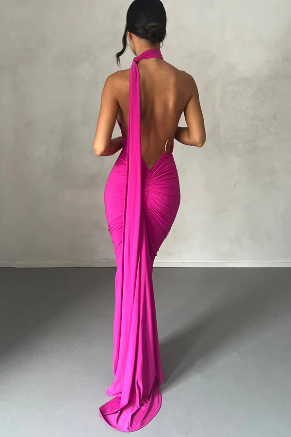 Sexy Backless Pleated Slim Solid Color Sleeveless Elegant Maxi Dress