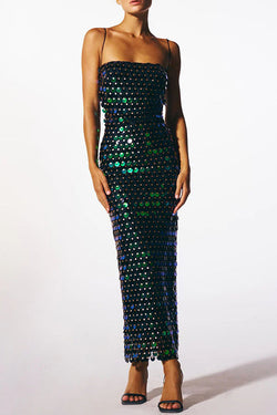 Glamour Glow Sequin Spaghetti Strap Birthday Party Midi Dresses