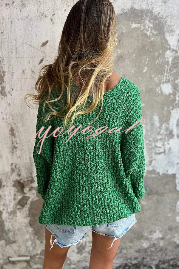 Solid Color V-neck Long-sleeved Loose Knitted Sweater