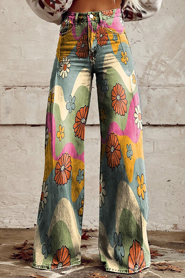 Casual Floral Print Button Pocket Wide Leg Pants