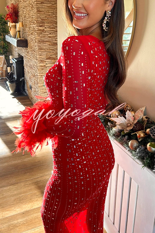 Sexy Long Sleeve Round Neck Feather Edge Rhinestone Decoration Slim Fit Maxi Dress