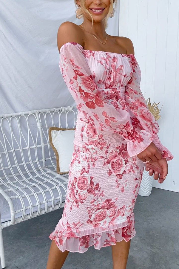 Shine Bright Floral Off Shoulder Smocked Waist Midi Dress