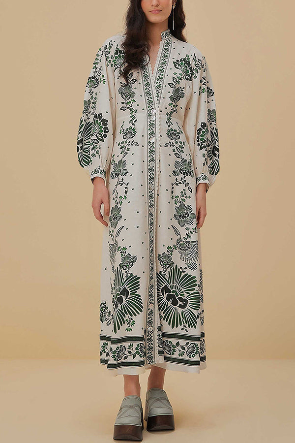 Forest Soul Unique Print Button Down Long Sleeve Shirt Maxi Dress