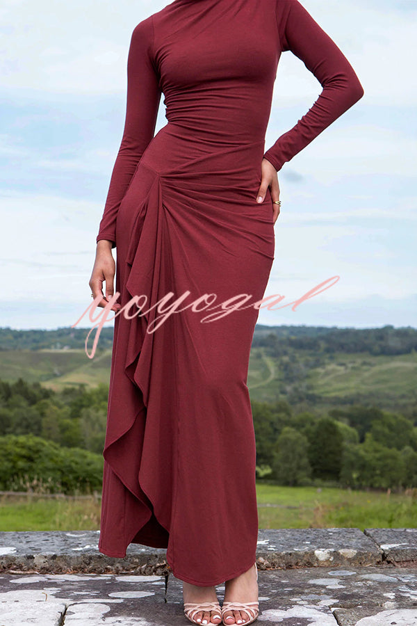 Venus Long Sleeve Ruched Side Slit Drape Ruffles Back Lace-up Stretch Maxi Dress