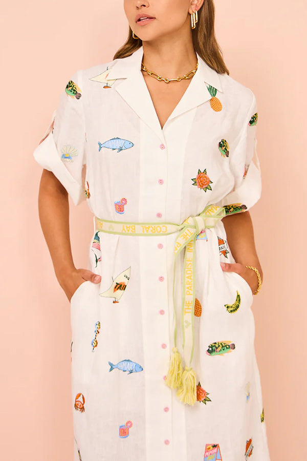 Loretta Cotton Blend Unique Print Fringed Belt Pocketed Shirt Midi Dress