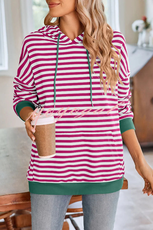 Striped Print Long Sleeve Pocket Loose Hoodie