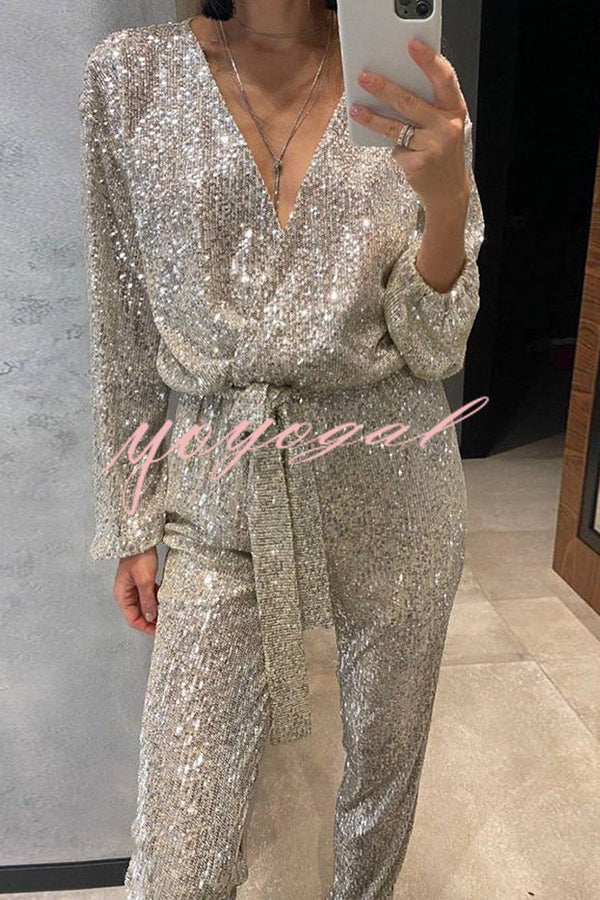 Cheers To You Sequin Long Sleeve Belted Wrap Loose Jumpsuit