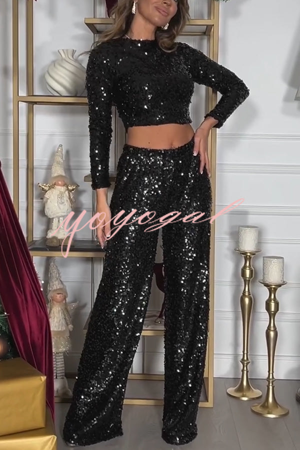 New Start Sequin Long Sleeve Back Tie-up Crop Top and Elastic Waist Loose Pants Set