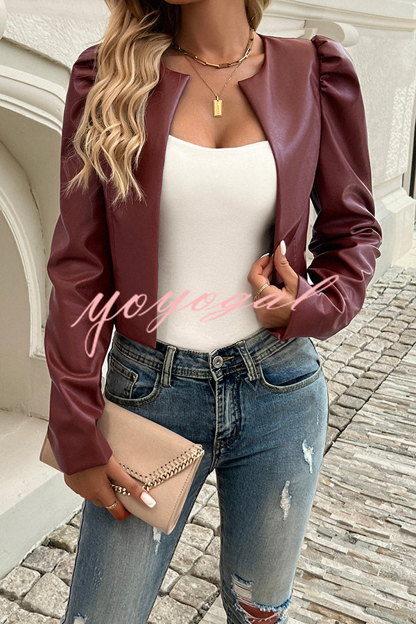 Yelissa Faux Leather Statement Long Sleeve Open Front Crop Jacket