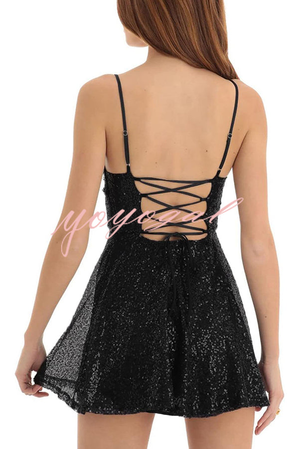 Stylish and Sexy Sequin Sling Backless Lace-up Mini Dress