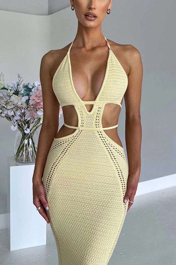 Effortlessly Cool and Sexy Knit Crochet Cutout Halter Tie-up Stretch Maxi Dress