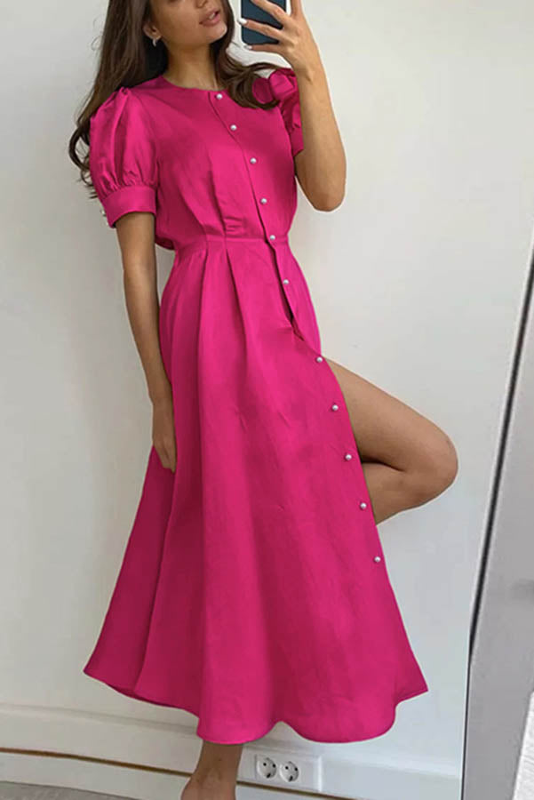 Chic and Classy Vibe Puff Sleeve Pearl Button Slit Midi Dress