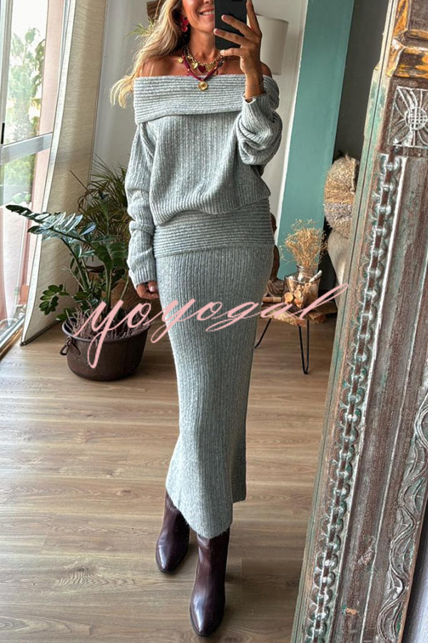 Luka Ribbed Knit Off Shoulder Long Sleeve Sweater and Stretch Maxi Skirt Set