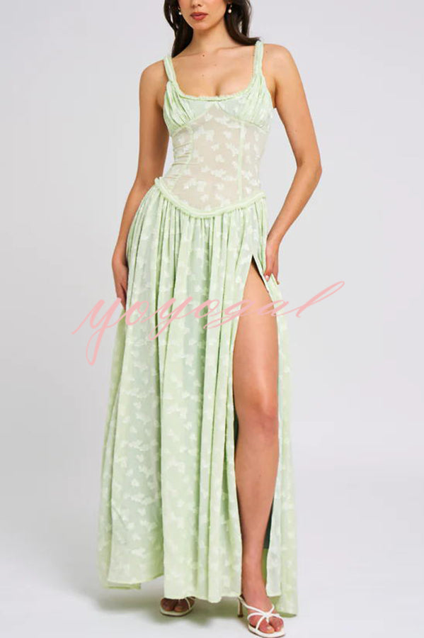 Garden Elf Lace Jacquard Textured Square Neck High Slit Maxi Dress