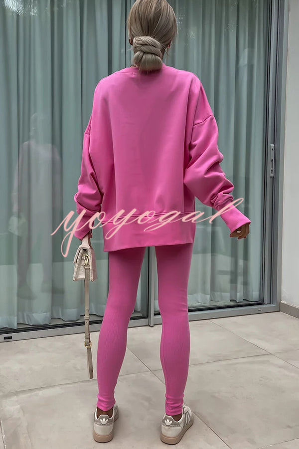 Solid Color Loose Long Sleeve SlitSweatshirt and Elastic Waist Tight Pants Set