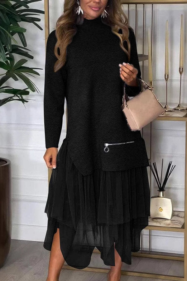 Taylor Knit Turtleneck Zip-up Top and Elastic Waist Tulle Loose Midi Skirt Set